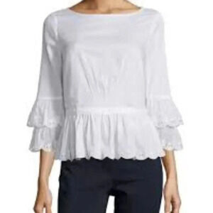 Tory Burch  Bateau 3/4 Sleeve Blouse White Eyelet 100% Cotton 8